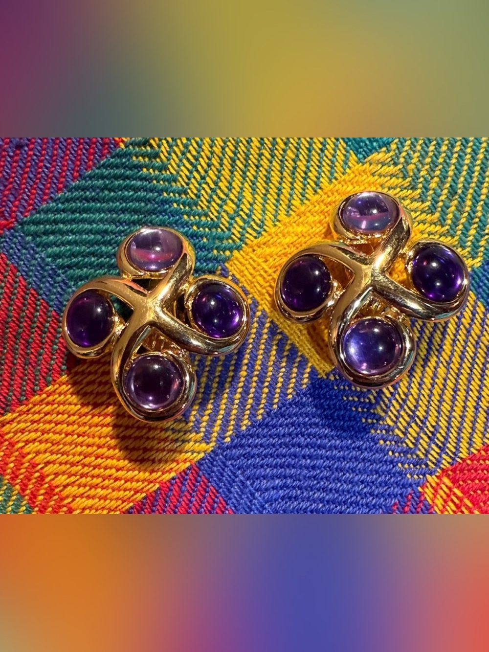 Vintage Trifari Amethyst Cabochon Clip On Earrings